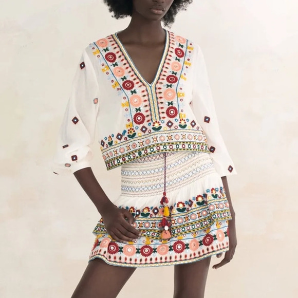Zara Embroidered Set embellished beaded skirt top boho colorful long sleeve crop - Picture 13 of 14